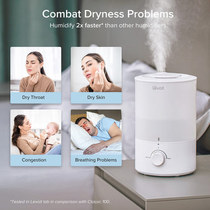 LEVOIT - Humidifiers for Bedroom - Quiet (3L Water Tank) - Cool Mist/Top Fill/Essential Oil Diffuser/25Watt - Home/Large Room - 360° Nozzle - Rapid Ultrasonic Humidification for Baby Nursery/Plant