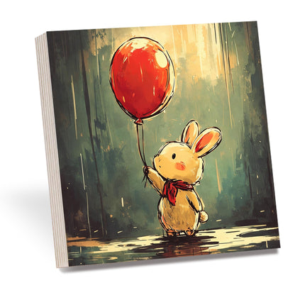 Cute Bunny Wooden Block Sign, Whimsical Balloon Rabbit Art Shelf Sitter, Nursery Kids Room Table Mantel Decor, Adorable Home Accent Gift