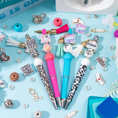 COcnny Nurse Beadable Pens for Women - 12 Set Nursing DIY Ballpoint Craft Making Kit with Bead Craft, Leopard Beaded Pen Bulk Charm Tassel Supplies for Nurse Week Hospital Appreciation Gift