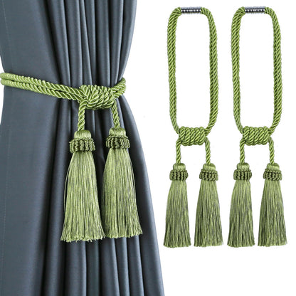 Fenghuangwu Magnetic Curtain Tiebacks Tassel Curtain Tieback Modern Handmade Tie Backs,Decorative Tassel Holdback for Draperies,Window Decor (Green, 2 Pack)