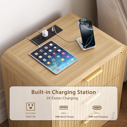 Decofy Fluted Nightstand with Charging Station, Modern Bedroom Side Table with Gold Handles, Curved Profile Design, End Table Wood Organizer for Bedroom, 19.7" & 3 Drawers (1 Pack, Natural Oak)