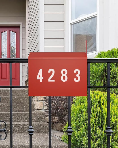 LAND·VOI Wall-Mount Mailbox with One Flag Kit and Three Sets of 0-9 Mailbox Number Stickers, Mailboxes for Outside, Galvanized Steel Rust-Proof Metal Post Box, 4.33" Dx14.2 Wx10.43 H, Red