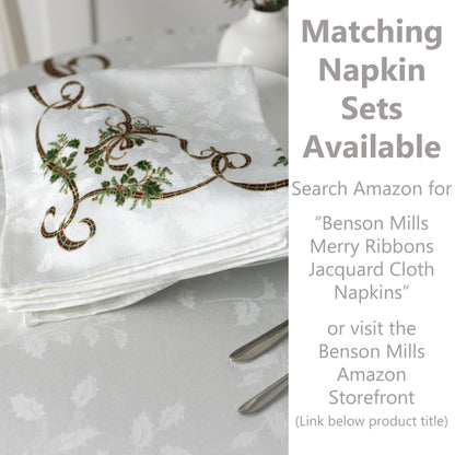 Benson Mills Merry Ribbons Engineered Printed Jacquard Fabric Christmas Table Cloth, Elegant Christmas Tablecloth for All Holiday and Winter (60" x 120" Rectangular)