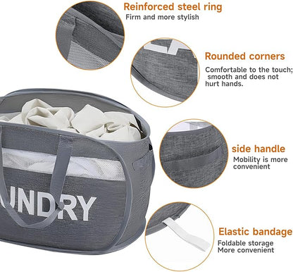 Foldable Laundry Basket with Lid, Oxford Cloth Reinforced Steel Ring