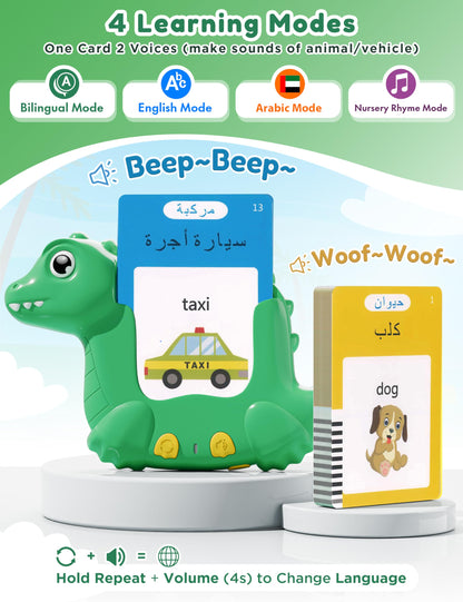 Arabic and English Talking Flash Cards for Kids, 510 Sight Words Bilingual Learning Toys for Toddlers, Arabic Alphabet Flashcards Pocket Speech Therapy Toys, Dinosaur Shaped