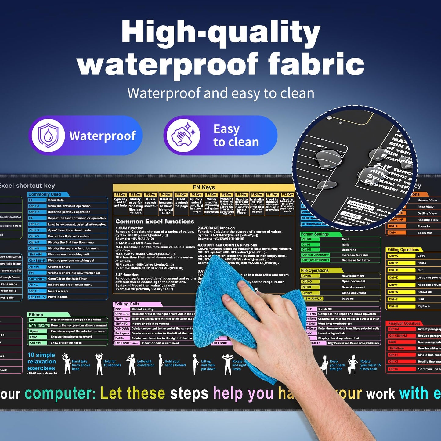 Waterproof Desk mat—Excel Cheat Sheet Desk pad—Contains 12 Types of Common Skills in Excel and Word—Large XL Gaming Mouse pad|Office Keyboard pad|Computer mat with excel Shortcuts