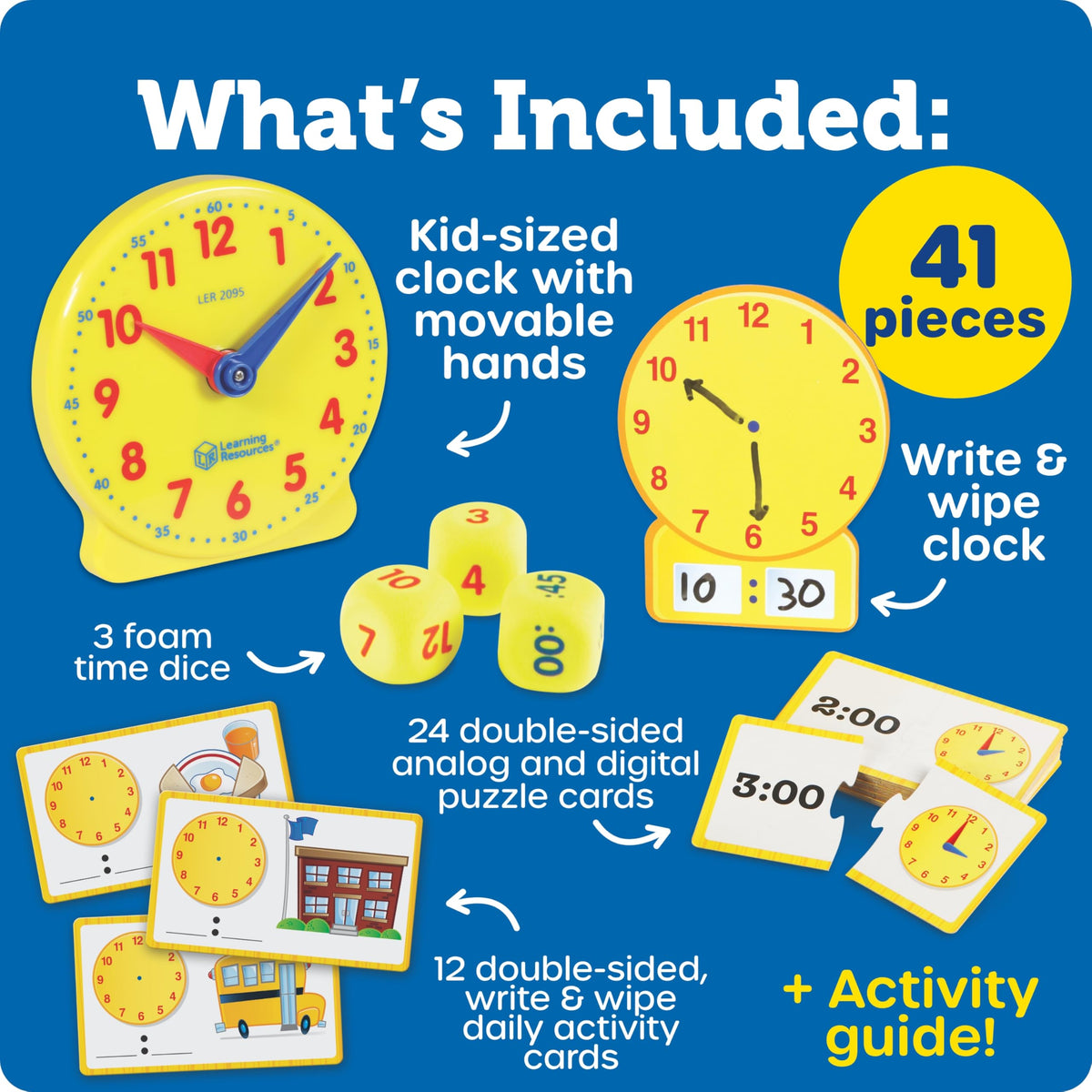 Learning Resources Time Activity Set - Kids Learning Clock, Classroom Clocks for Students, Telling Time Teaching Clock, Analog Clocks for Kids, Teaching Classroom Supplies