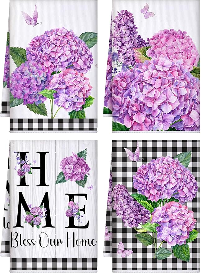 Bencailor 4 Pcs Spring Hydrangea Kitchen Towels Farmhouse Purple Floral Hand