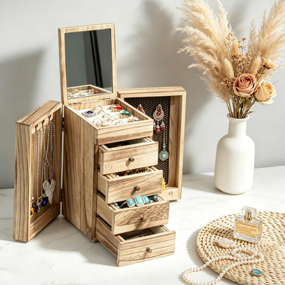 GUOER Jewelry Box for Women, 5-Layer Wooden Jewelry Organizer with Mirror, 4 Drawers & Side Doors for Necklaces, Rings, Earrings, Rustic Torched Wood