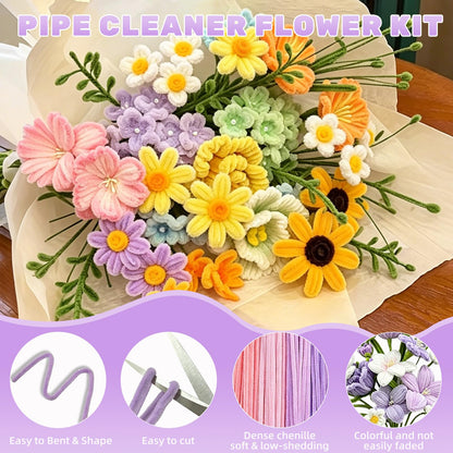 1200PCS Pipe Cleaners Craft, Pipe Cleaner Flower Kit with Instruction, 14 Colors Chenille Stems Flower Making Kit with Stamen, Tape, Floral Wrapping Paper and Ribbon for Arts DIY Craft Supplies ﻿