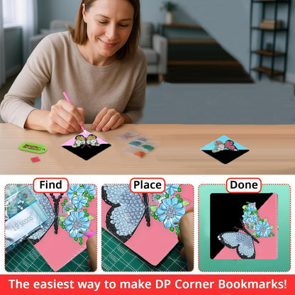 DDGYP 6 PCS Diamond Art Bookmarks, 3.94X3.94 Inch PU Leather DIY Corner Bookmarks with Butterfly & Flower Patterns, Diamond Painting Kits for Adults Book Lovers Home Reading Craft Gift