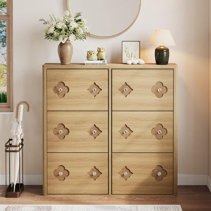Shoe Cabinet with 6 Flip Drawers, Shoe Storage Cabinet with Adjustable Shelves, Flower Pattern & Diamond Handle, Freestanding Slim Shoe Storage, Wooden Shoe Organizer Cabinet for Entryway, Natural