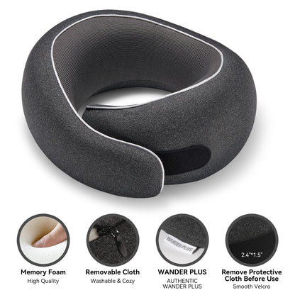 WANDER PLUS® Travel Pillow, 100% Pure Memory Foam Travel Neck Pillow Airplane Neck Support Ergonomic Design Best for Sleeping Plane Car Train Office Flight for Adults Black