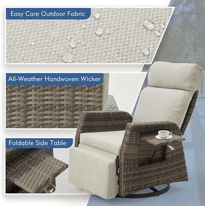 Adjustable Outdoor Recliner Chair with Independent Backrest & Footrest, Patio Swivel Recliner Chair, Wicker Reclining Patio Chair w/Flip-Up Table, 155° Lay Flat Chaise Lounge, Gray, 2PCS