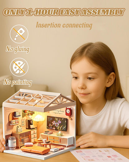 Kisoy DIY Miniature House Kit, Tiny House Kit with Furniture and LED Light, Mini Blocks Model Kit Sets, DIY Crafts/Hobbies Toys for Adults and Teens (Living Room)