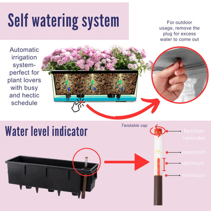 LaLaGreen Deck Railing Planter Boxes (14 Inch, 4 Pack) Self-Watering Window Box Planters with Brackets, Rectangular Hanging Flower Pots for Balcony Fence, Herb Garden Outdoor Black Plastic Planters