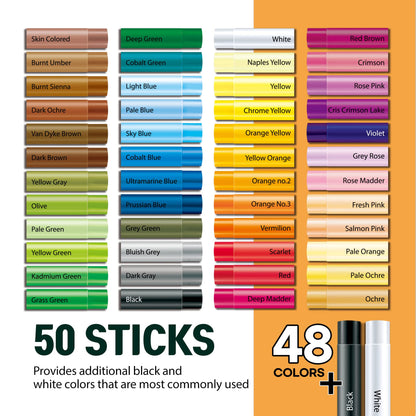 HA SHI Soft Oil Pastels Set (50 Sticks, 48 Colors) Art Supplies for Artist, Gallery Oil Painting Stick, Bulk Set for Studios, Professional Oil Crayons, Ideal for Professional Artists