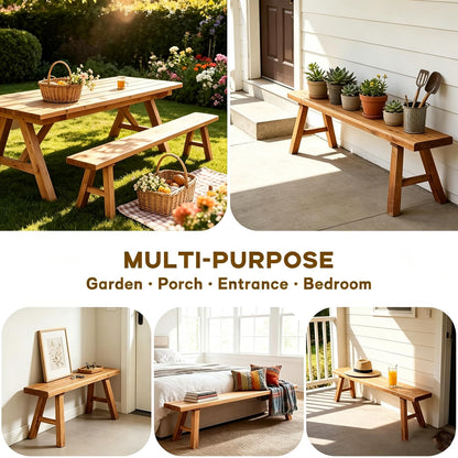 ConveniBee Farmhouse Indoor Wooden Living Room Dining Bench, Asian Natural Wood Kitchen Entryway Benc with Armless Design and Short Height, Solid Wood Shoe Bench Entryway Benches (47.2 * 10.2 * 17.7)