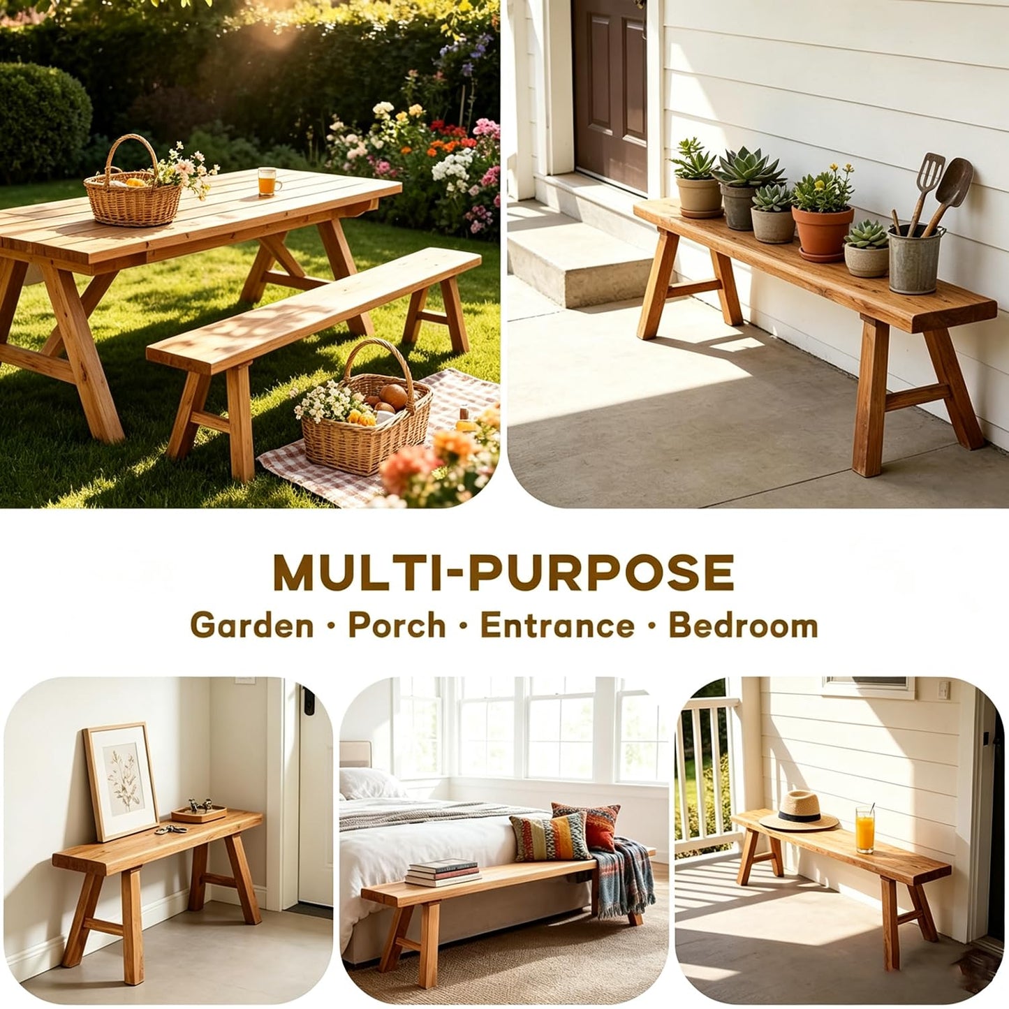 Bench——Wooden Bench Indoor ,Rustic FarmhouseNarrow Entryway Bench withNatural Solid Wood, Durable and Sturdy, Suitable for Dining Room, Bedroom, Porch and Other Narrow Spaces (39.3 * 10.2 * 17.7)，