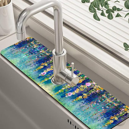 Abstract Watercolor Floral Kitchen Sink Splash Guard Mat Absorbent Fast Drying