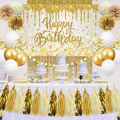 Gold Birthday Party Decorations Set for Women Girls - Happy Birthday Banner, Backdrop, White Balloons, Tassel Curtains, Dot Tablecloth - Party Supplies