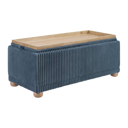 OSP Home Furnishings Sahara Storage Bench with Flip-Top Wood Tray, 42.5W x 14D x 18.5H inches, Natural Wood Feet, Blue Cord Fabric