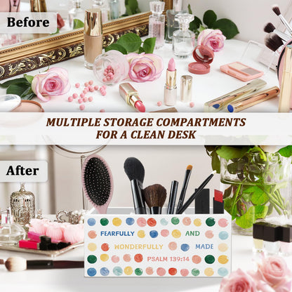 WODMIS Christian Pen Pencil Holder for Desk, Christian Gifts for Women, Fearfully and Wonderfully Made Bible Verse Wooden Box Organizer Decorations for Home Office Desk Accessories Tabletop