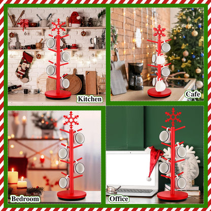 DoubleFill Christmas Tree Coffee Mug Holder 8 Hooks Snowflake Mug Holder for Countertop Snowflake Cup Rack Wood Christmas Tree Display for Kitchen Coffee Accessories