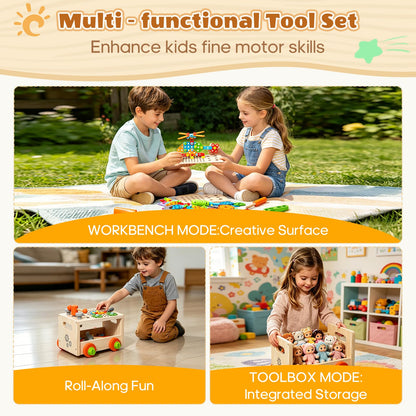 Brownroot Kids Wooden Tool Set, Toddler Workbench with Toy Drill & Storage Cart, STEM Construction Building Toys, Montessori Gift for Boys Girls 3-6