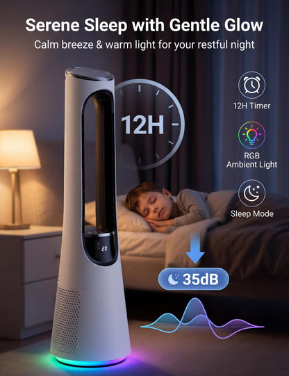 MEPTY 38" Bladeless Tower Fan for Bedroom,Standing Fan with 5-Color LED,120°Adjustable Oscillating,20 Speeds & 4 Modes,Quiet DC Motor,Cooling Fan for Home Office Use