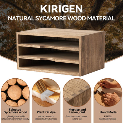 KIRIGEN Wooden Desktop Organizer, 3 Tier Solid Wood Letter Tray and Paper File Sorter for Desk, Freestanding Office Document Holder for Mail, Magazines, Folders, 13.78 x 9.45 x 7.08 in Brown 3KWJG-DBR