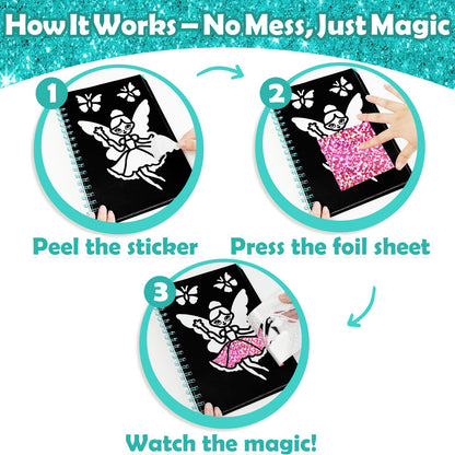 FUNNYB&G Foil Art Craft Kit for Girls 4-10 Years Old: Mess-Free & No-Glue, Create 16 Sparkly Fairy Pictures – Perfect Travel Toy & Birthday Gift for Kids（Fairy）