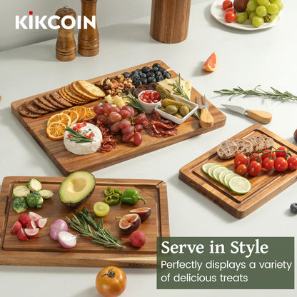 Kikcoin Acacia Wood Cutting Boards for Kitchen, 3 PCS Wooden Cutting Board Set with Holder, Chopping Board with Compartments and Juice Groove, Solid Charcuterie Boards Serving Tray Wood Butcher Block