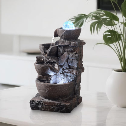 MSEONWXI Indoor Tabletop Fountain with 4-Tier Stone Bowls, Rolling Crystal Ball & LED Lights – Tranquil Waterfall Decor for Home, Office or Zen Space (23066)