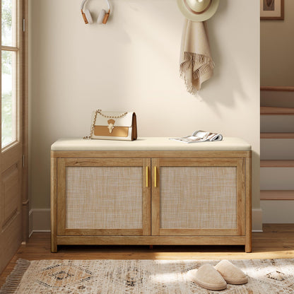VASAGLE ELLAN Collection - Boho Shoe Bench with Cushion, Entryway Storage Bench with 2 Rattan-Look Cabinet Doors, Rounded Corners, Adjustable Shelf, for Bedroom Under Window, Natural Brown ULSB501KC01