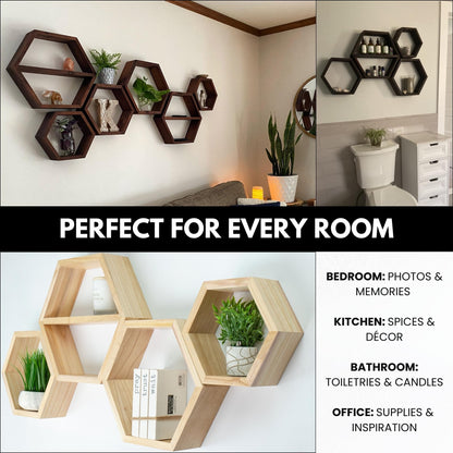 LABEND HOME Hexagon Floating Shelves Set of 4 - Solid Wood Wall Mounted Shelves - Honeycomb Geometric Display Shelves for Living Room, Bedroom, Kitchen - Natural Wood Finish -Includes Hardware & Level