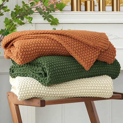 Longhui bedding Chunky Cable Knit Throw Blanket Lightweight Cream 100% Organic Cotton Blanket for Sofa Couch Bed Baby Nursery, Rustic Shabby Chic Modern Farmhouse, 60” x 80” Give Laundering Bag