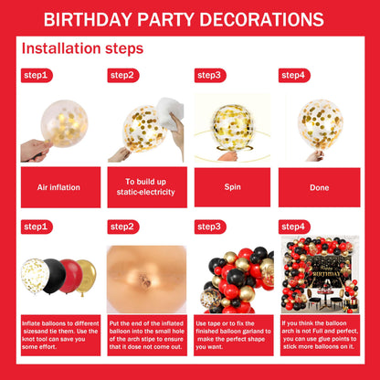 Red Birthday Party Decorations for Women,Balloon Aich kit,Black Gold Confetti Balloons,Happy Birthday Backdrop