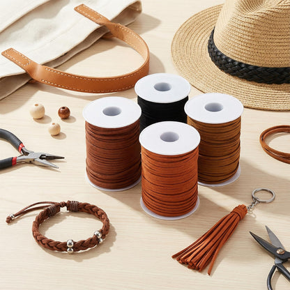 4 Rolls Flat Suede Cord for Jewelry Making, Thin Leather Shoe Laces Strips Ribbon, Faux Leather Strings for Crafting Necklaces Bracelets Tassels Dream Catchers (3mm, 200 Yards)