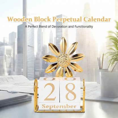 SUPVOX Wooden Perpetual Calendar Blocks for Desk, Office, Home Decor, Adjustable Wood Month Date Display Blocks, Sunflower Design, 4.72 X 3.54 X 1.57 Inches