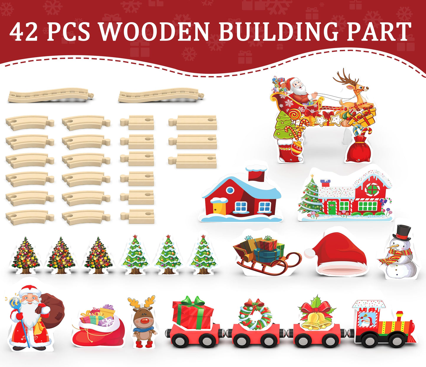 Wooden Train Set, Train Track for Toddlers 3-5, Wooden Tracks Kids Girls Boys Toys, 42Pcs Trains Toy Set for 3 4 5 6 Year Old Compatible with Thomas, Brio