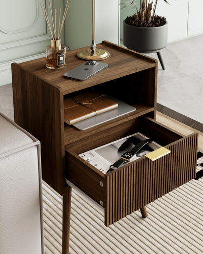 Veegle Nightstand,Modern Bedside Table with Storage Drawer and Open Wood Shelf, Accent Night Stand with Solid Wood Legs for Living Room, Bedroom and Small Spaces,Easy Assembly (Walnut Brown)