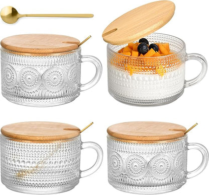 Vintage Glass Coffee Mugs 4 Set, 14oz Overnight Oats Containers with Bamboo Lids and spoon, Glass Tea Cups, Coffee Bar Accessories, Ideal Birthday, Holiday Gifts for Women