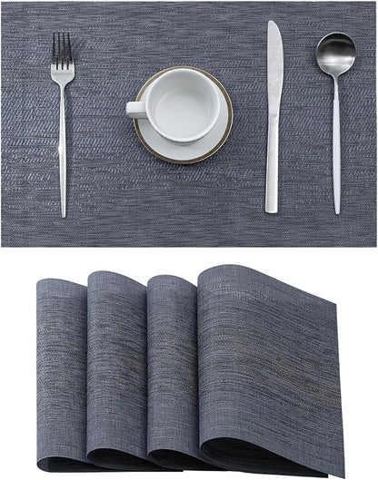 Leetaltree Denim Blue Placemats Set of 4 - Heat Resistant Non-Slip Place mats for Dining Table, Washable Durable PVC Vinyl Woven Table Mats（Denim Blue, 4）
