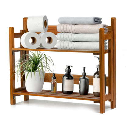VaeFae Teak Wood Floating Shelves Bathroom, Foldable Wooden Rack Wall Mount, 2 Shelves