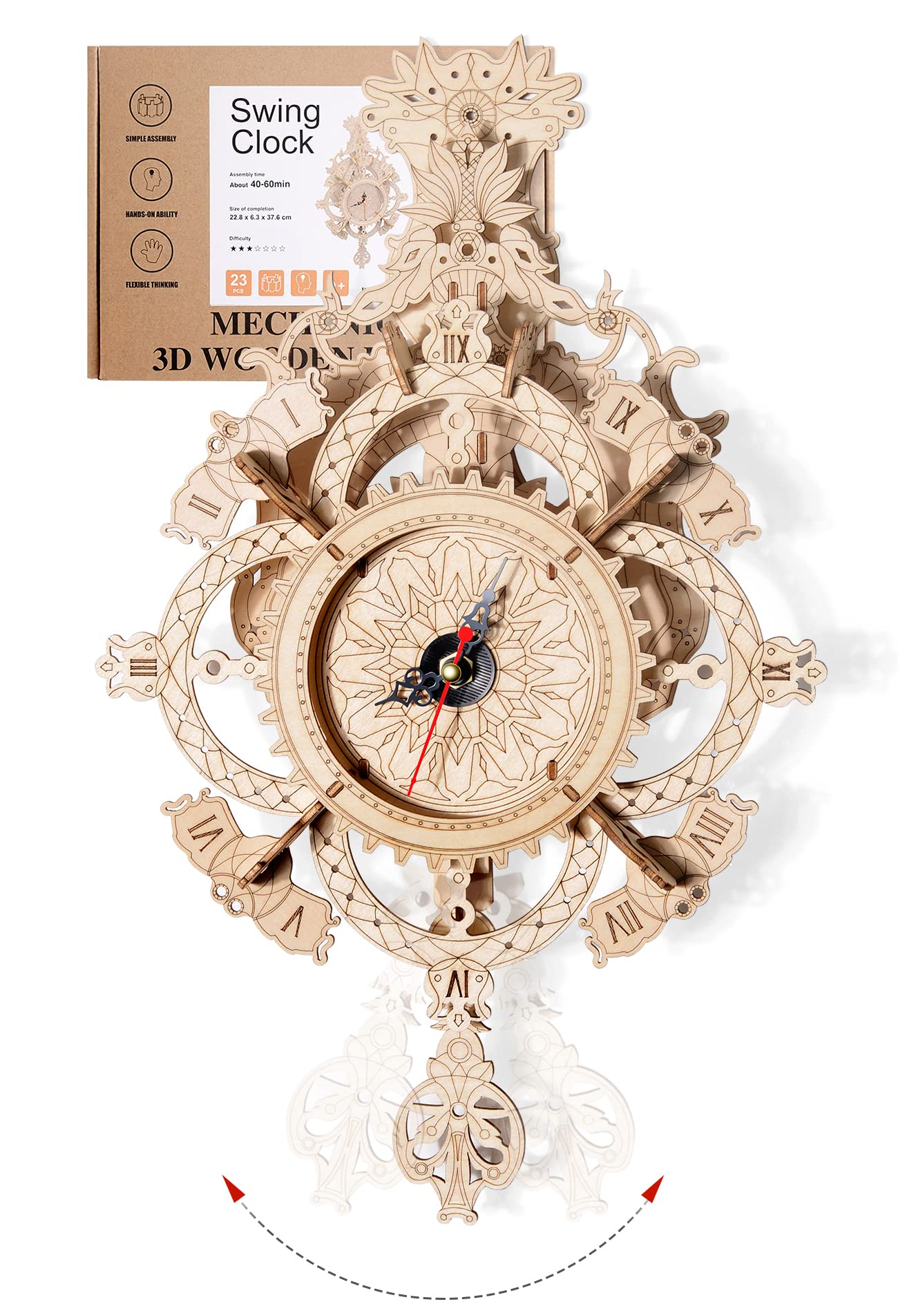 3D Wooden Puzzle Clock Kit DIY Mechanical Wall Clock Hanging Pendulum Gift for Adults & Teens
