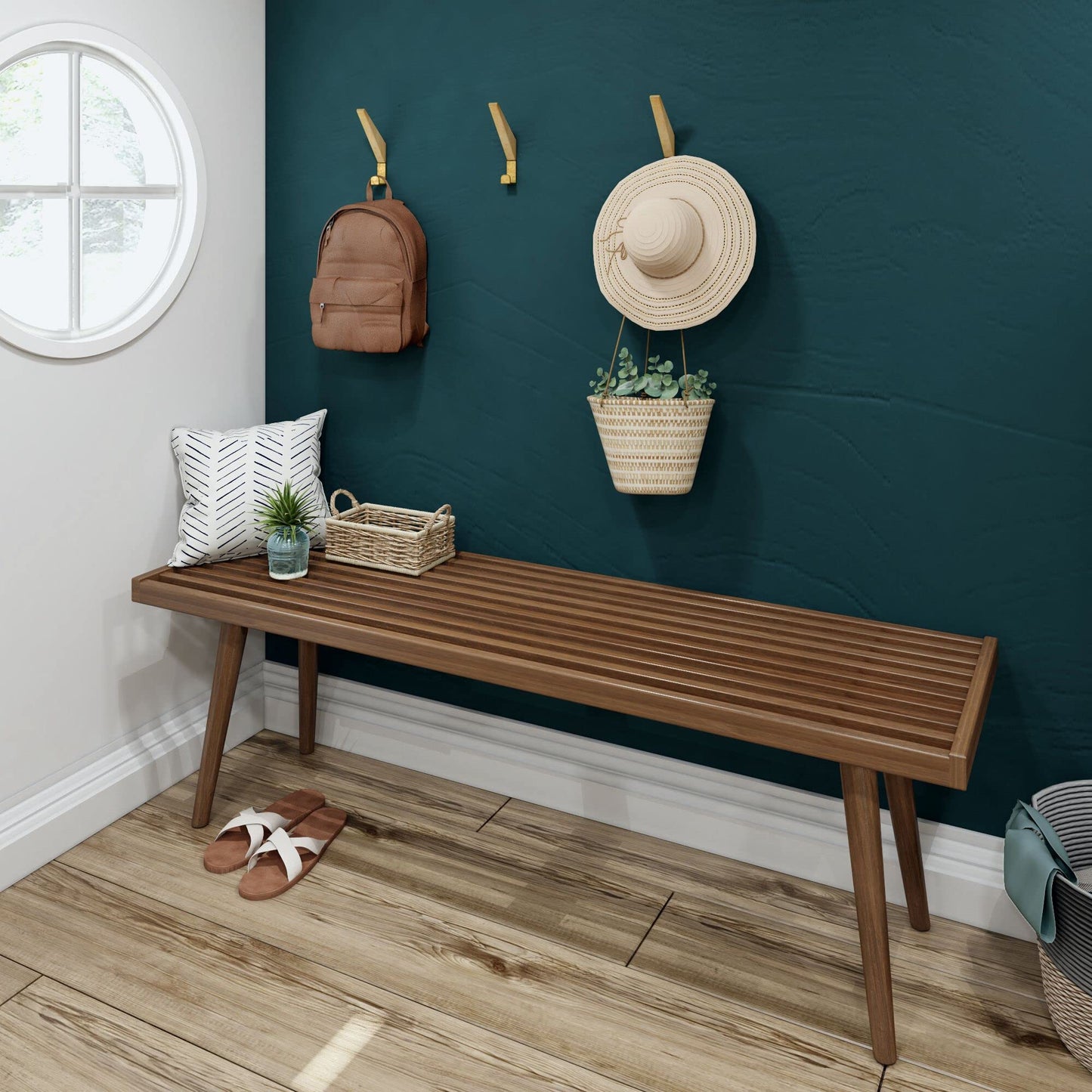 Plank+Beam Entryway Bench, Wooden End of Bed Bench for Bedroom, Mid-Century Modern Square Bench for Hallway, Living Room, Indoor, Porch, 56.25", Walnut