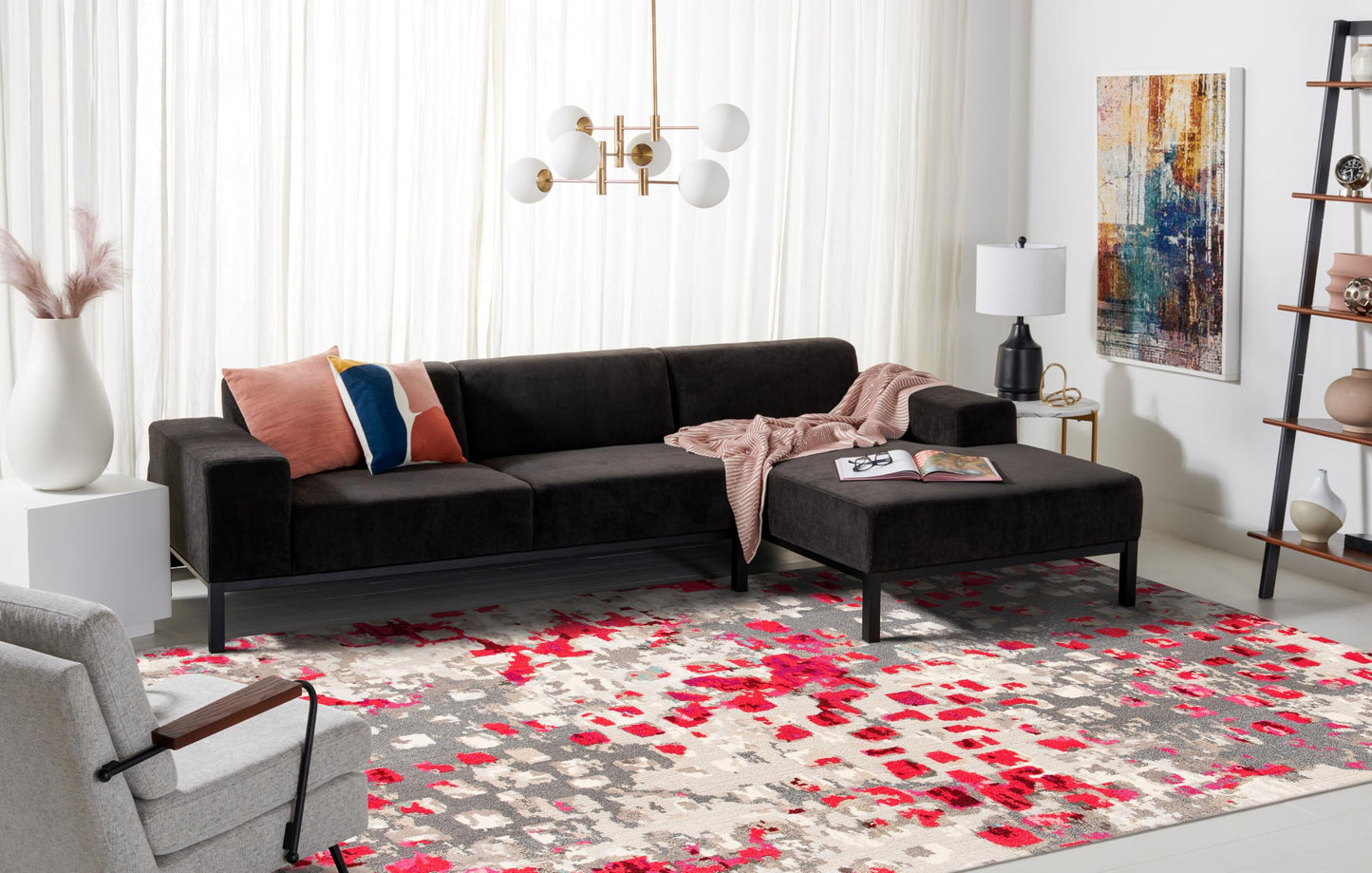 SAFAVIEH Monaco Collection Area Rug - 6'7" x 9'2", Grey & Fuchsia, Boho Chic Abstract Watercolor Design, Non-Shedding & Easy Care, Ideal for High Traffic Areas in Living Room, Bedroom (MNC225R)
