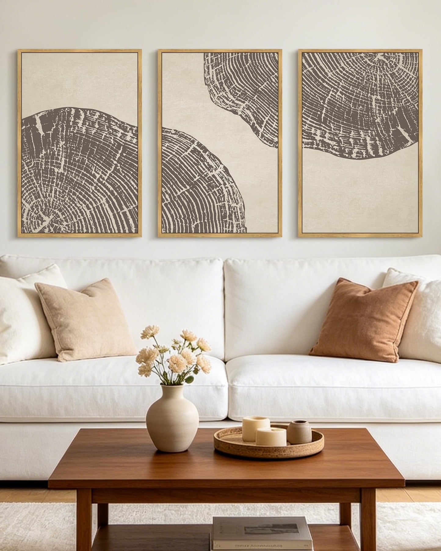 KUVIOKE Tree Rings Wood Framed Wall Art Modern Retro Beige Wood Stump Wall Decor Nature Rustic Artwork Farmhouse Home Decor 16x24in (Natural Framed)