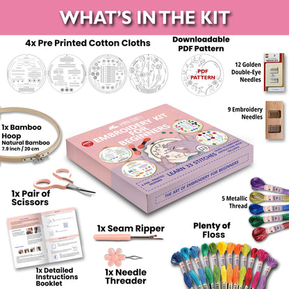 Moni Crafts Embroidery Kit for Beginners – DIY Hand Embroidery Set for Adults with 4 Stamped Patterns, Hoop, Threads, Needles and Step-by-Step Stitch Guide to Learn 33 Stitches